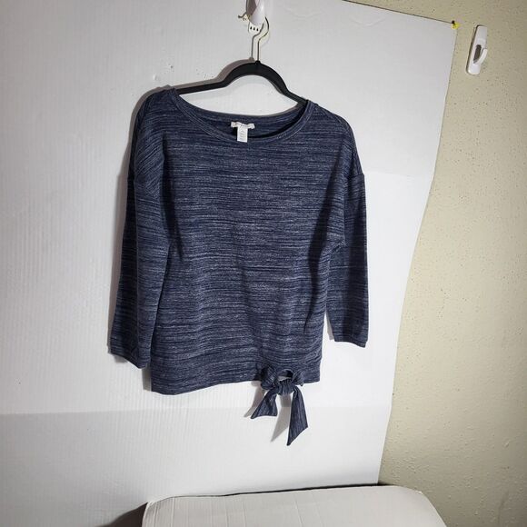 Daily Ritual Tops - Daily Ritual Womens marled blue and white knit boatneck sweater tie Front Sz Sm